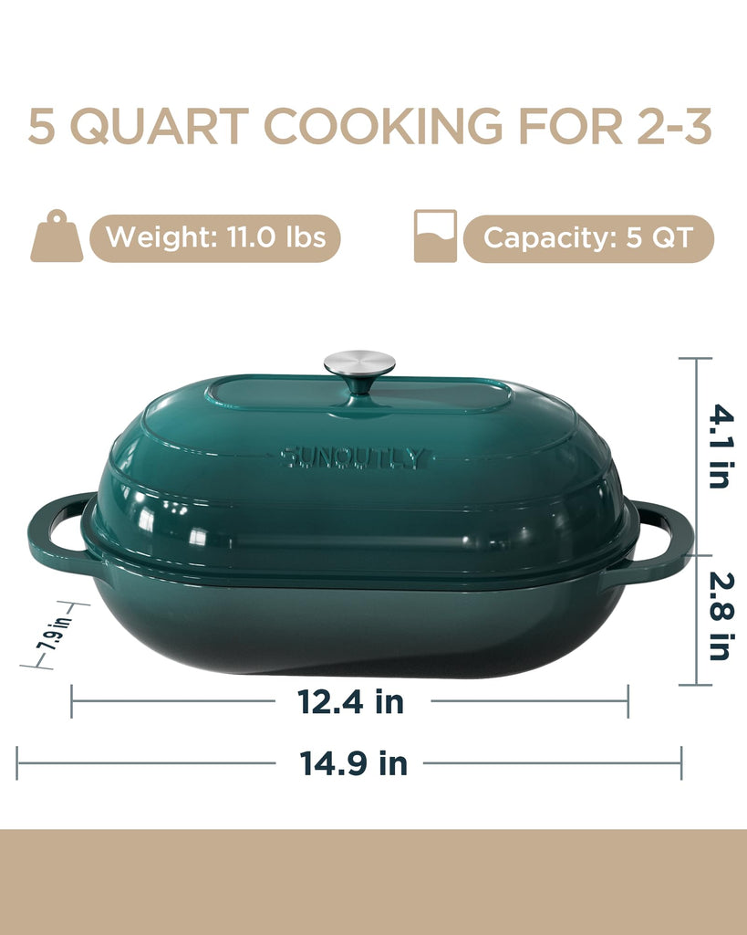 Enameled Cast Iron Dutch Oven for Bread Baking, 5QT Loaf Pan, Green
