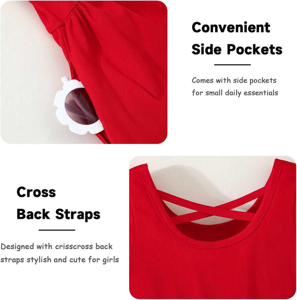 Girl Short Sleeve Dress Cotton A-Line School Dress with Pockets
