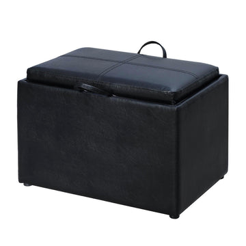 Designs4Comfort Accent Storage Ottoman 22.75" - Modern Foot Stool with Decorative Tray, Black Faux Leather
