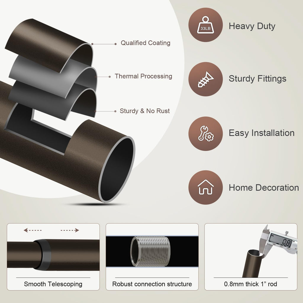 Modern Antique Brown Bronze Curtain Rods for Windows 66 to 120 Inches Adjustable Heavy Duty 1" Diameter Window Rod