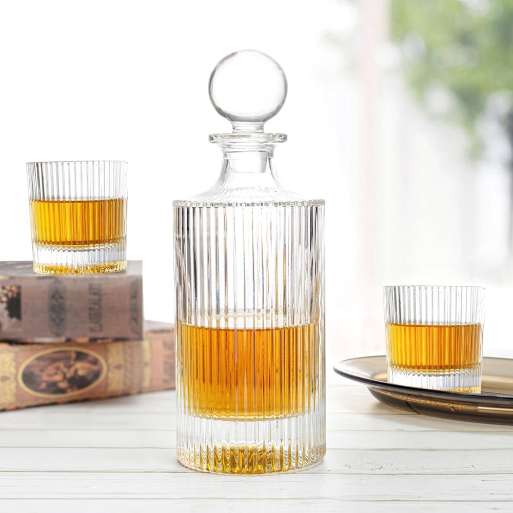 27Oz Whiskey Liquor Decanter Ribbed Set in Box,Decanter Set with 2 Glasses - Set of 3
