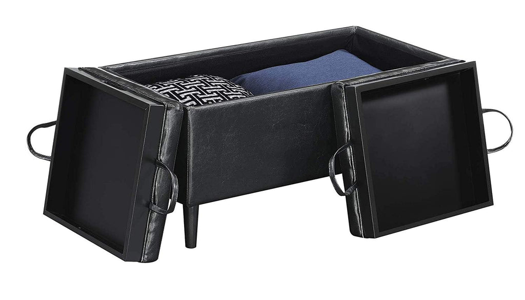Designs4Comfort Magnolia Storage Ottoman with Reversible Trays, Black Faux Leather