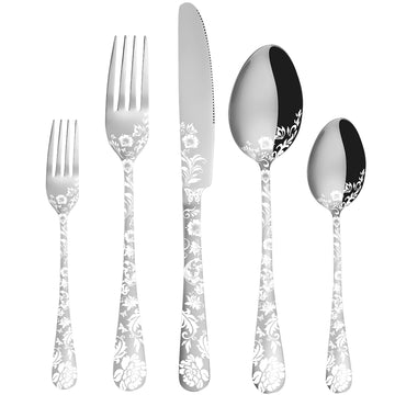 20 piece Peony Flower Pattern Design Silverware Set, Stainless Steel Flatware Set Service for 4, Silver Cutlery Set