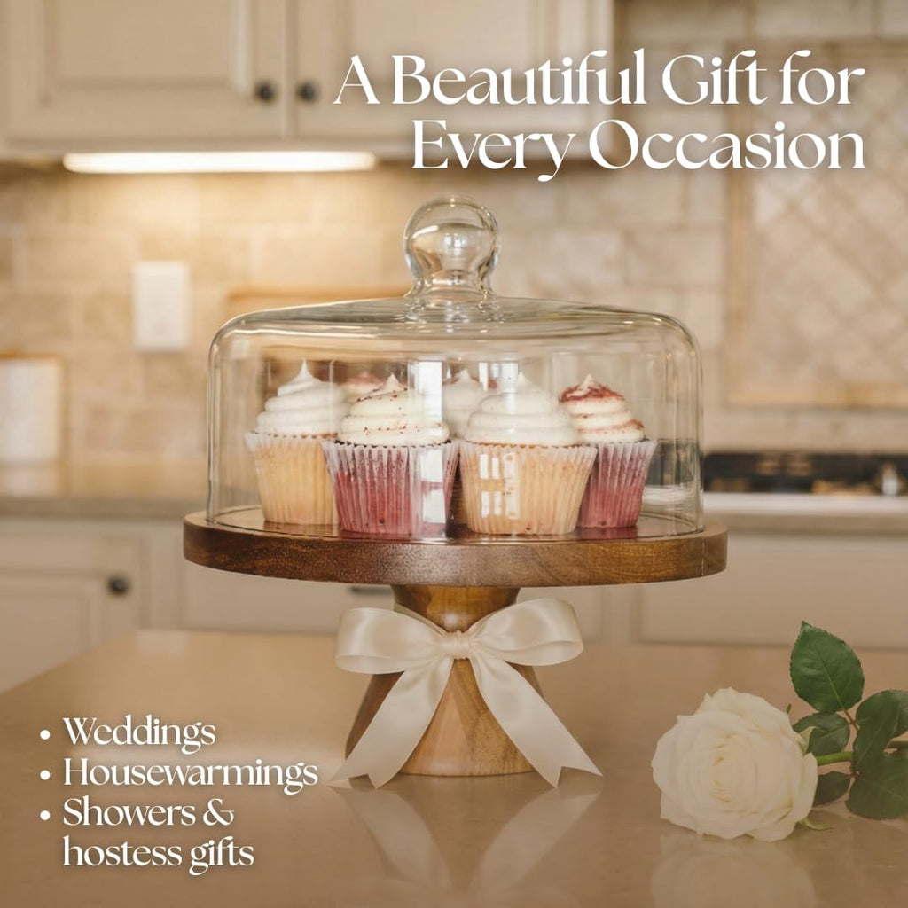 Acacia Wood Cake Stand with Glass Dome Lid & Reversible Serving Board Set
