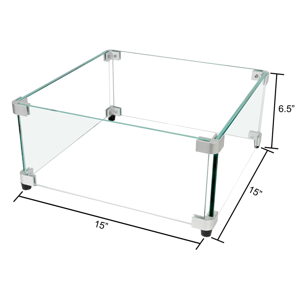 Glass Wind Guard, 15 x 15 x 6.5 inch Clear Tempered Wind Guard for Gas Firepit, Thick Square Glass Shield with