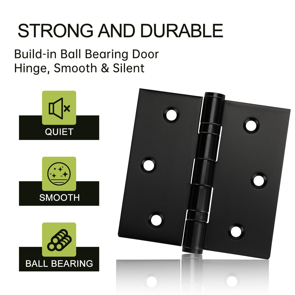 6 Pack Black Door Hinges 3.5 x 3.5 Inches, Heavy Duty Stainless Steel Ball Bearing Hinges with Screws, Square Corner