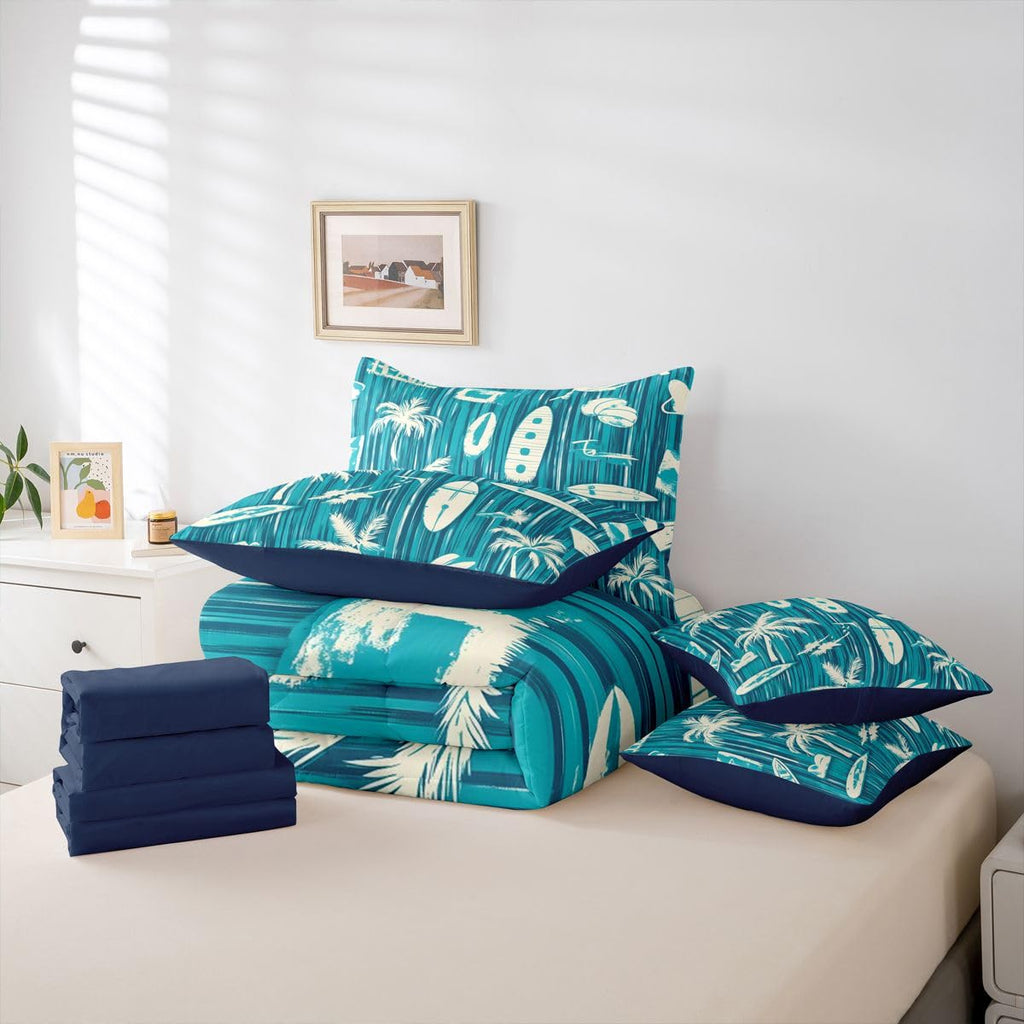 Surfing Bedding Set - Surfboard Themed Bed in a Bag, Coastal Summer Beach 7 Pieces Bed Set Bedroom Decor