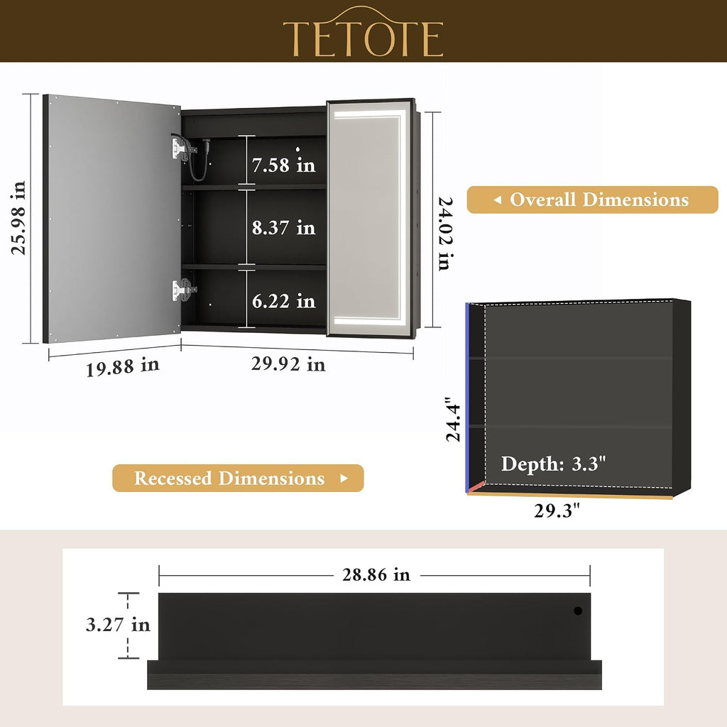 Black Lighted Medicine Cabinet Mirror with Led Lights 30 x 26 Wall Mount or Recessed Bathroom Cabinet with Storage, 2