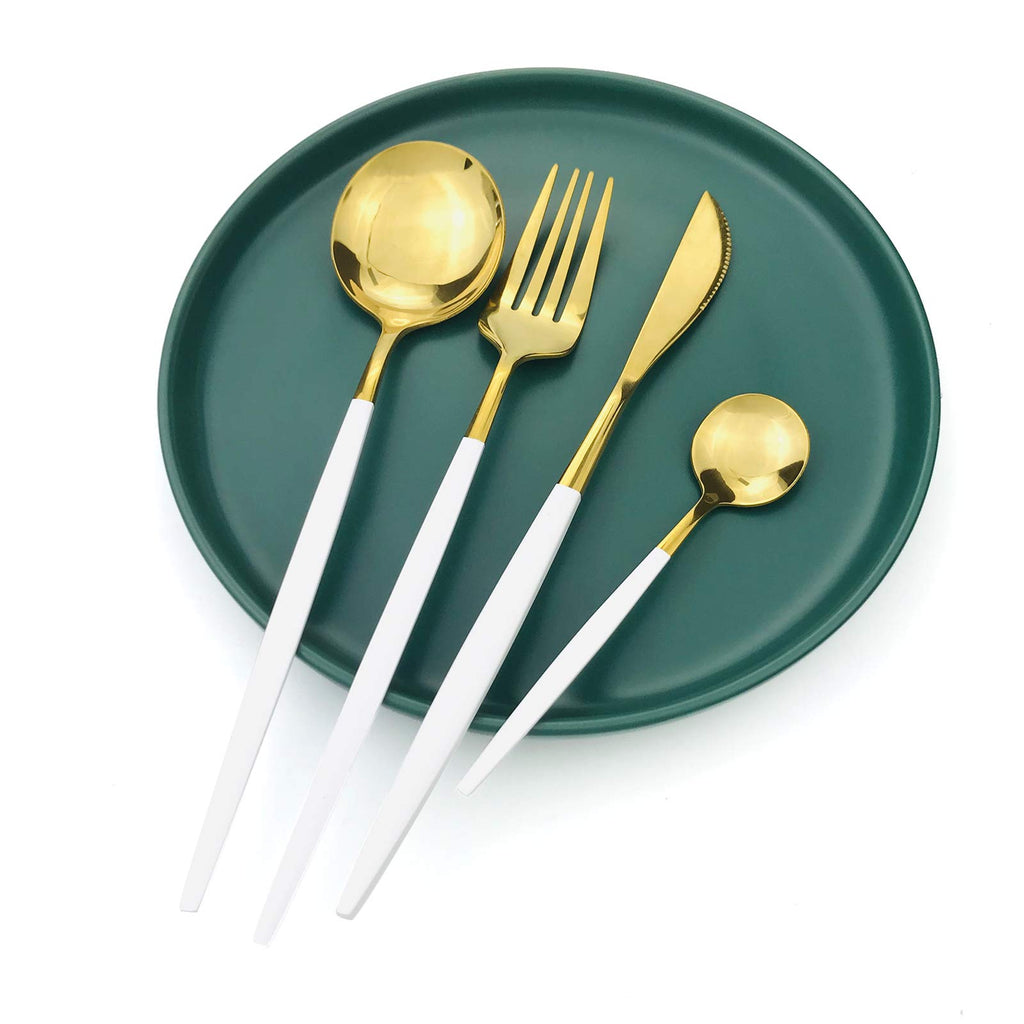 36-Pieces Silverware Mirror Polished Dinnerware Gold Flatware With White Handle, 18/0 Stainless Steel Cutlery Set