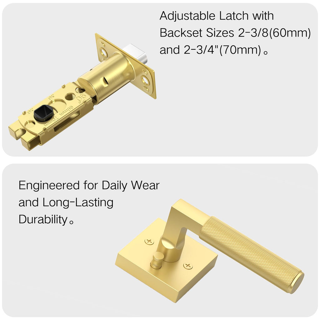 1 Pack Gold Privacy Door Handles, Knurled Door Levers Interior Gold Door Lever Bathroom Door Knobs Heavy Duty Square