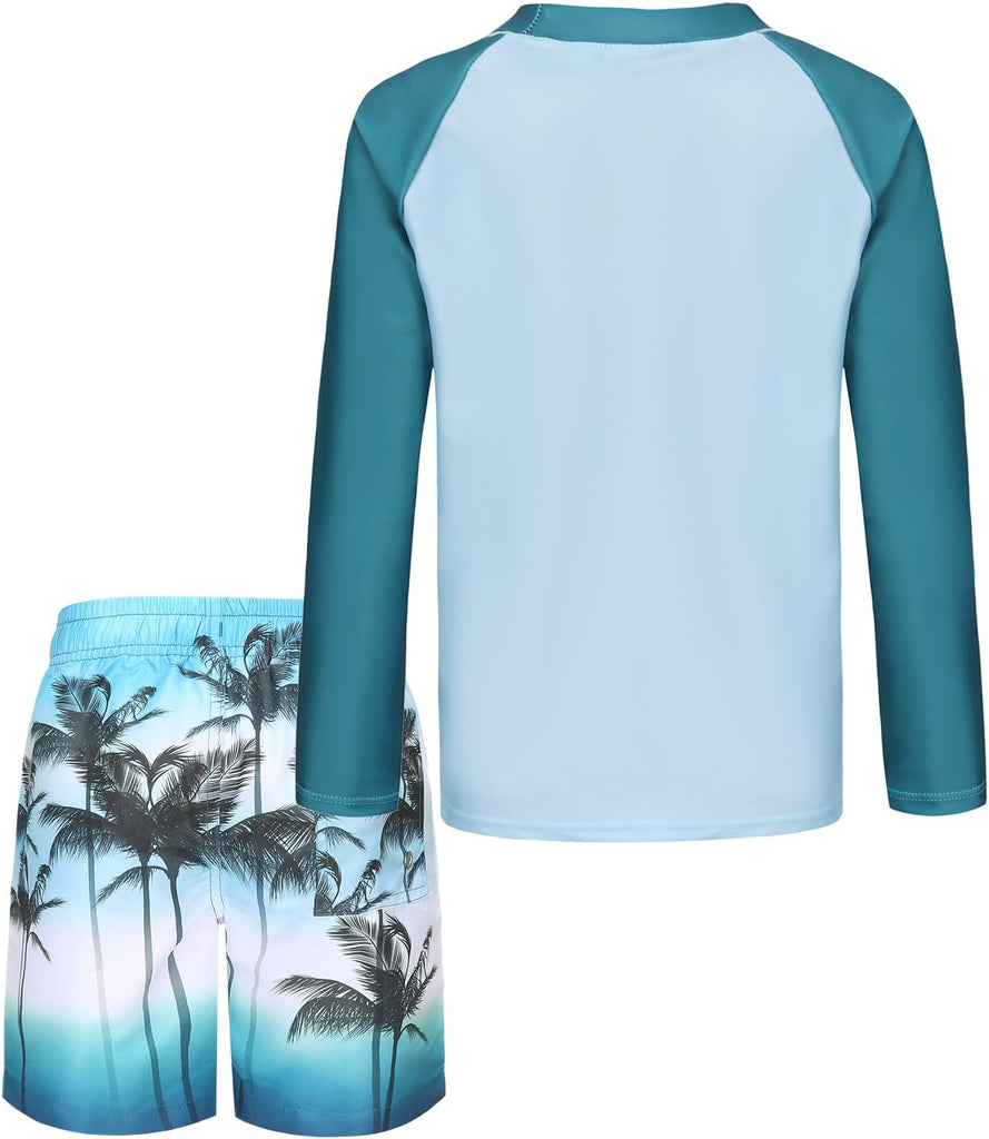 Boys Two Piece Rash Guard Swimsuits Set with Swim Trunk Kids Long Sleeve Bathing Suit Swimwear Set
