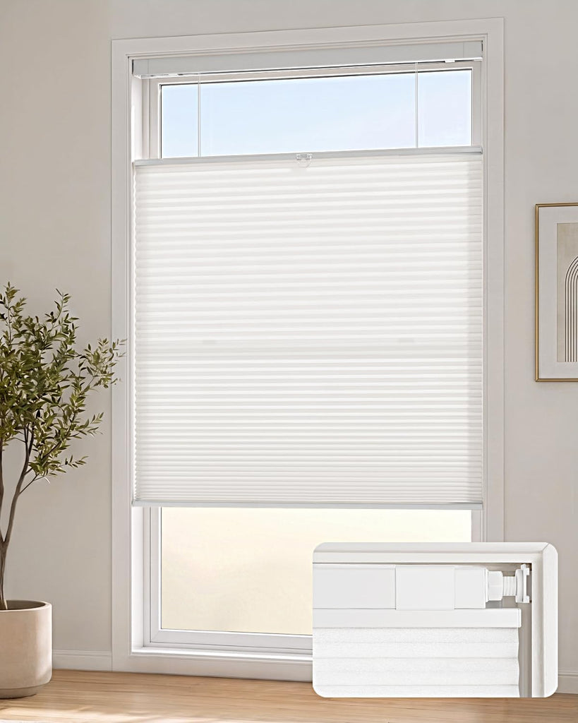 TDBU Cellular Shades, White | No Drill Cordless Top Down Bottom Up Honeycomb Blinds, 1.5 Inch Cell Easy Install No