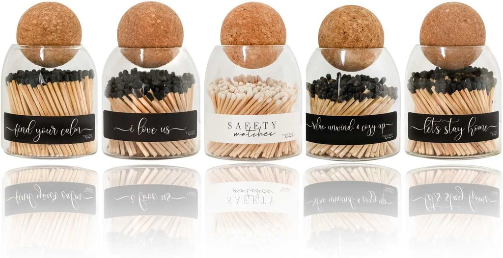 Let's Stay Home Cute Glass Match jar Cloche | Approx 135 Decorative Wooden Black tip Matches for Candles & décor