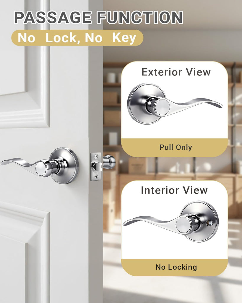 8 Pack Polished Chrome Finish Keyless Interior Door Handle, Classic Passage Door Lever Closet, Non-Locking Wave Style