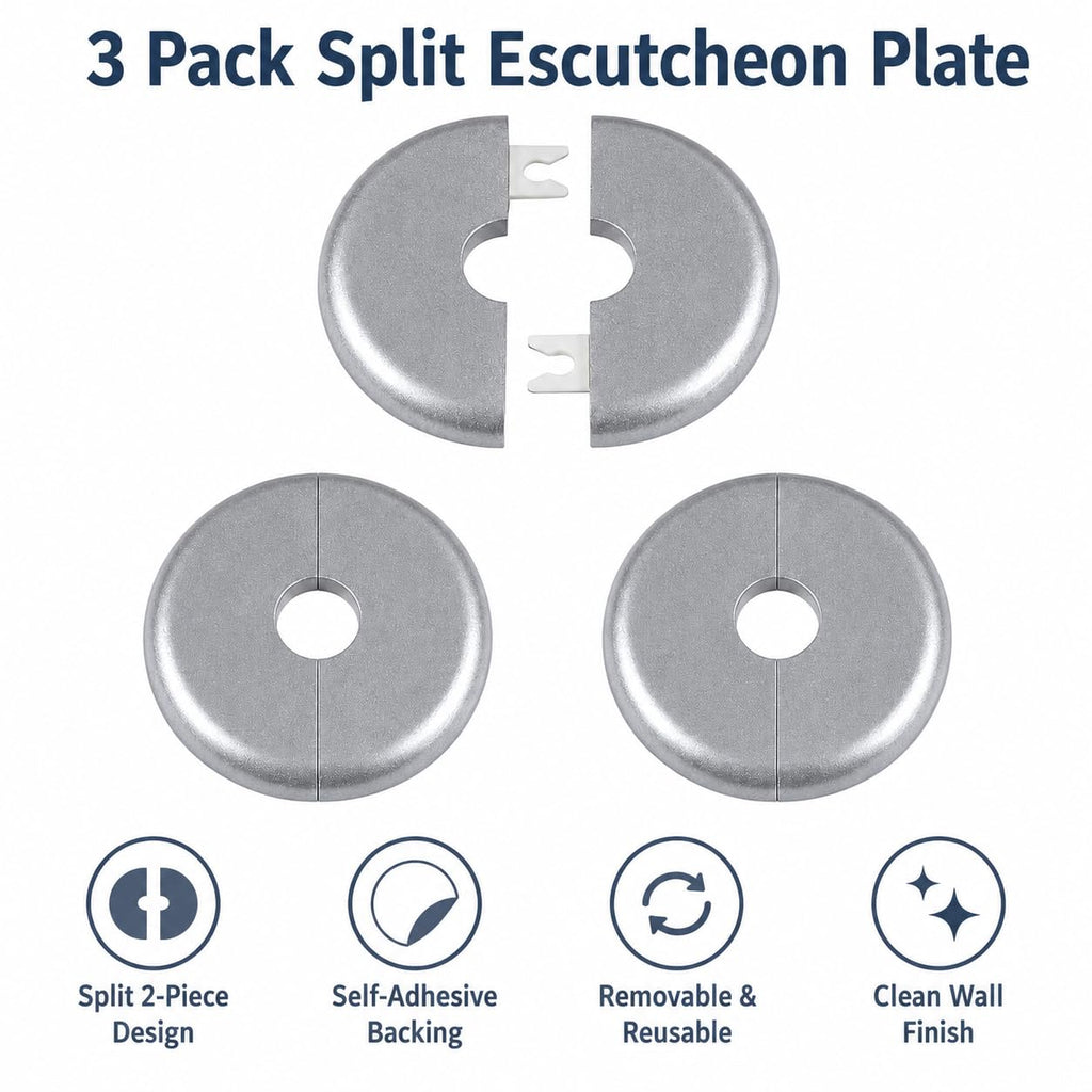 3 Pack Silver Escutcheon Plate 1/2 Inch, Split Pipe Cover with Self-Adhesive Backing, Removable Two-Piece Wall Flange
