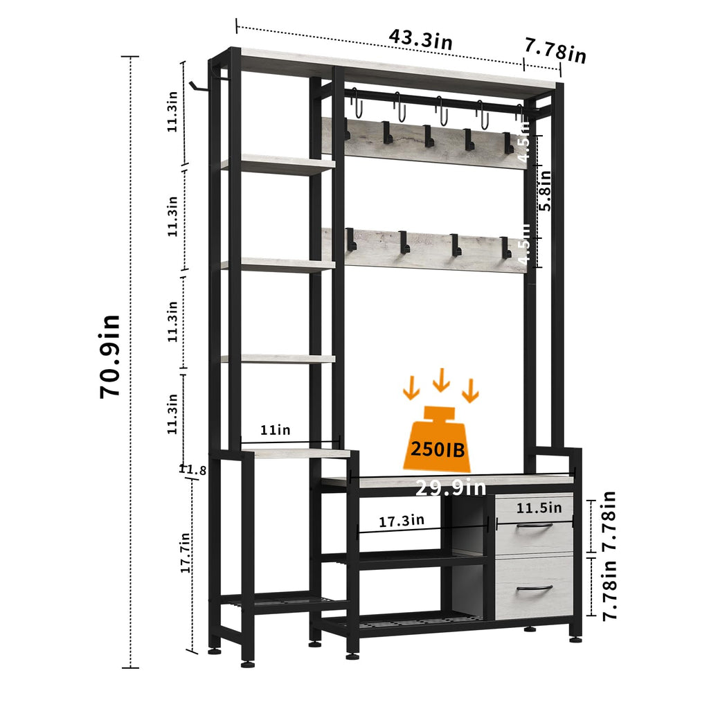 Hall Tree 43", Bench with Shoe Storage, Large Coat Rack Shoe Bench with 5 Tier Shelves, 5 in 1 Design Front Door Shoe