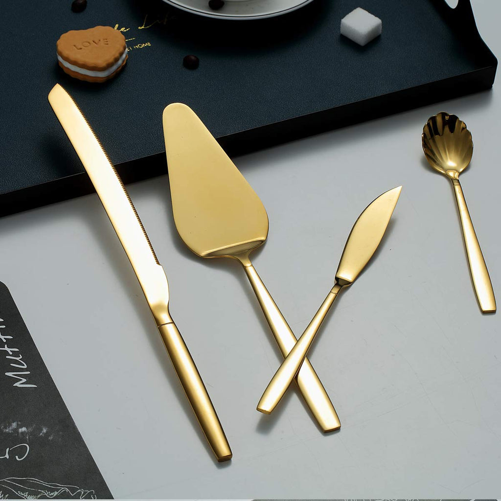 Gold Serving Utensils 10 Pieces, Titanium Golden Plating Serving Spoons, Included Cake Knife Cake Server Serving