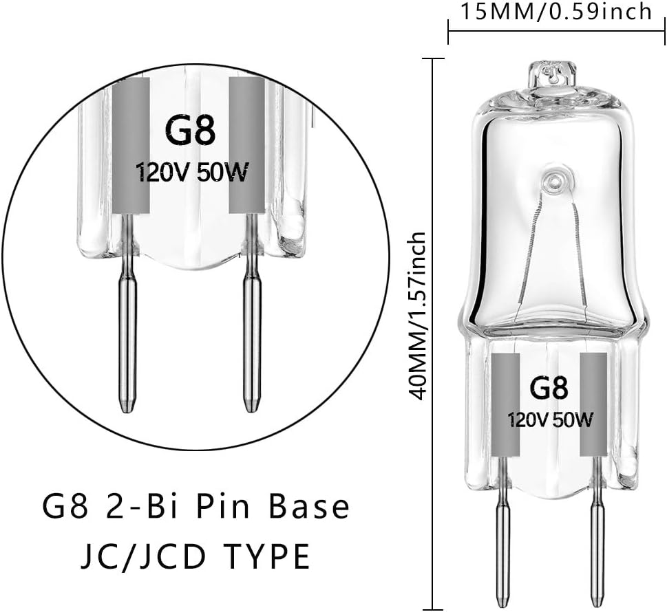 G8 Halogen Light Bulbs 50W 120V Xenon G8 Base 2Pin T4 JCD Type Warm White for Microwave Oven Replacements,for Candle