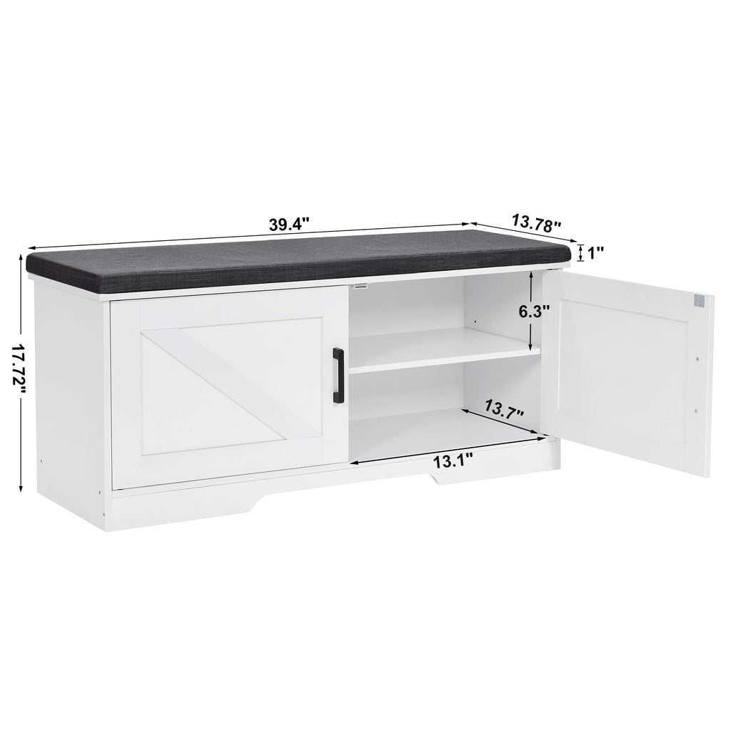 Farmhouse Shoe Storage Bench with 2 Barn Doors & Padded Seat Cushion