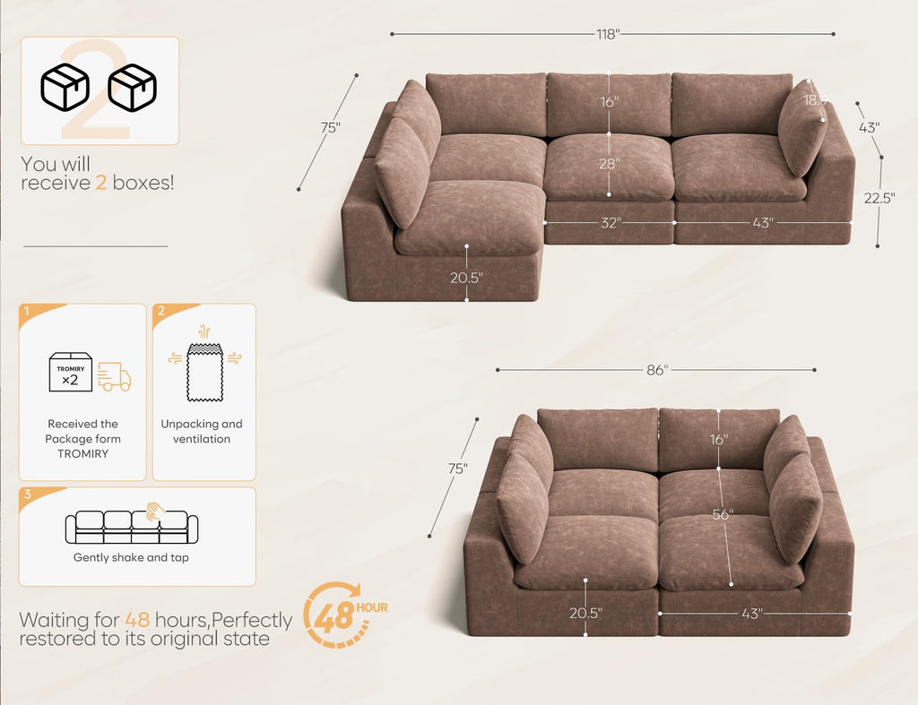 120" Cloud Sectional Couch | Oversize Boneless Couches | 4 Seater L-Shape Sofa | Brown