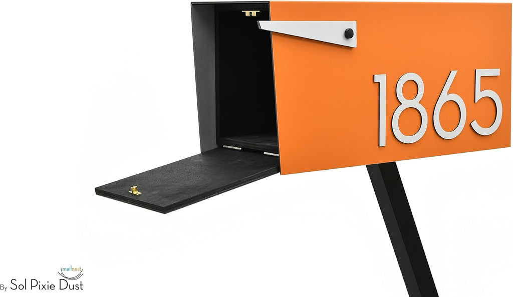 Contemporary Post Mounted Mailbox - Aluminum Orange Body and Aluminum White Door, Numbers and Flag - Modern Design