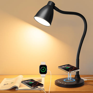 Desk Lamp with USB C+A Charging Ports Timer Black