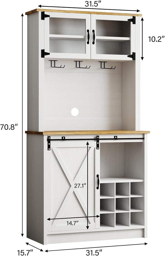 72" Farmhouse Coffee Bar Cabinet with Sliding Barn Door, White | Coffee Bar with Wine Rack, Ample Storage, Hooks and