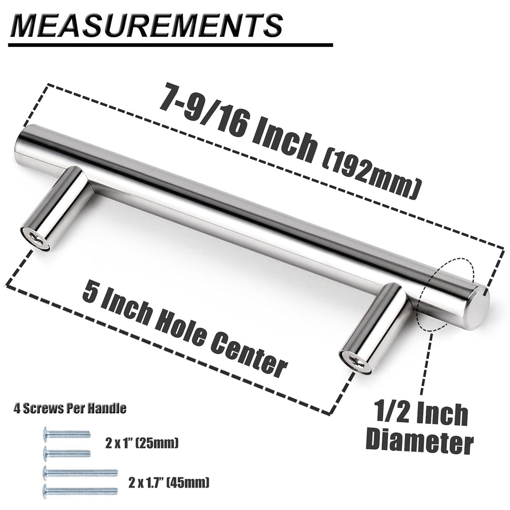 5 Pack | 5 Inch Polished Chrome Cabinet Pulls Stainless Steel Kitchen Cabinet Handles, Round T Bar Cupboard Furniture