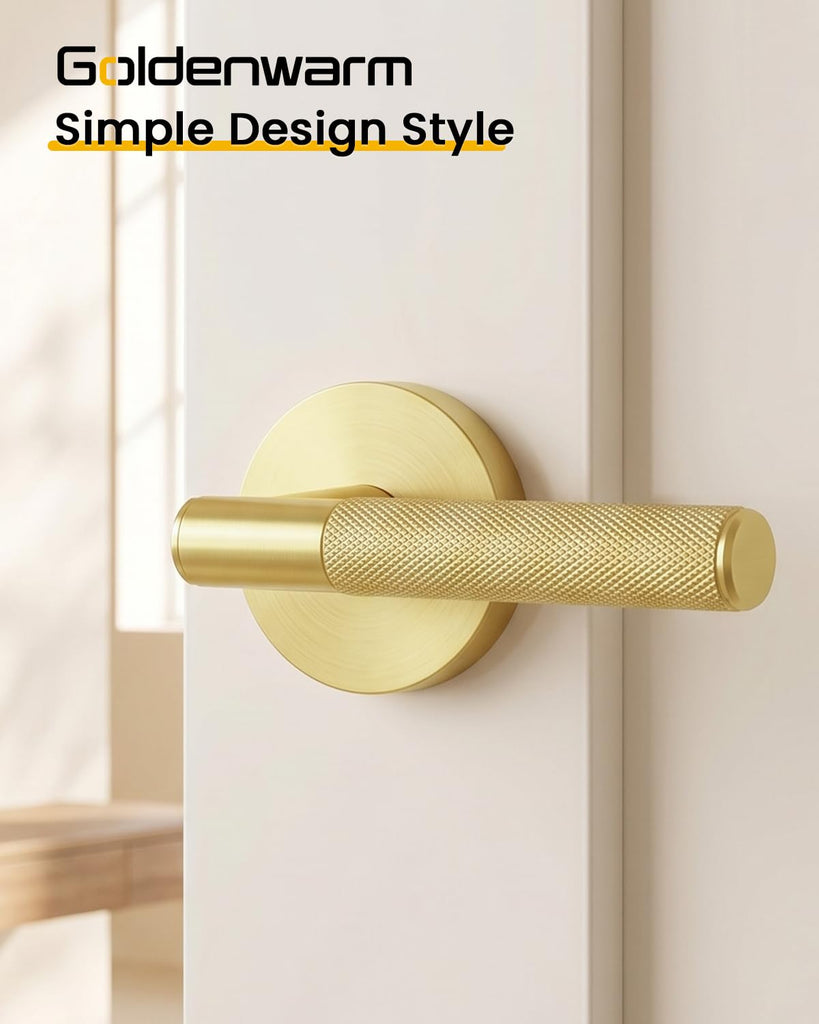 1 Pack Gold Door Handle Interior, Knurled Brushed Gold Door Handle, Passage Door Handle s and Closets, Reversible