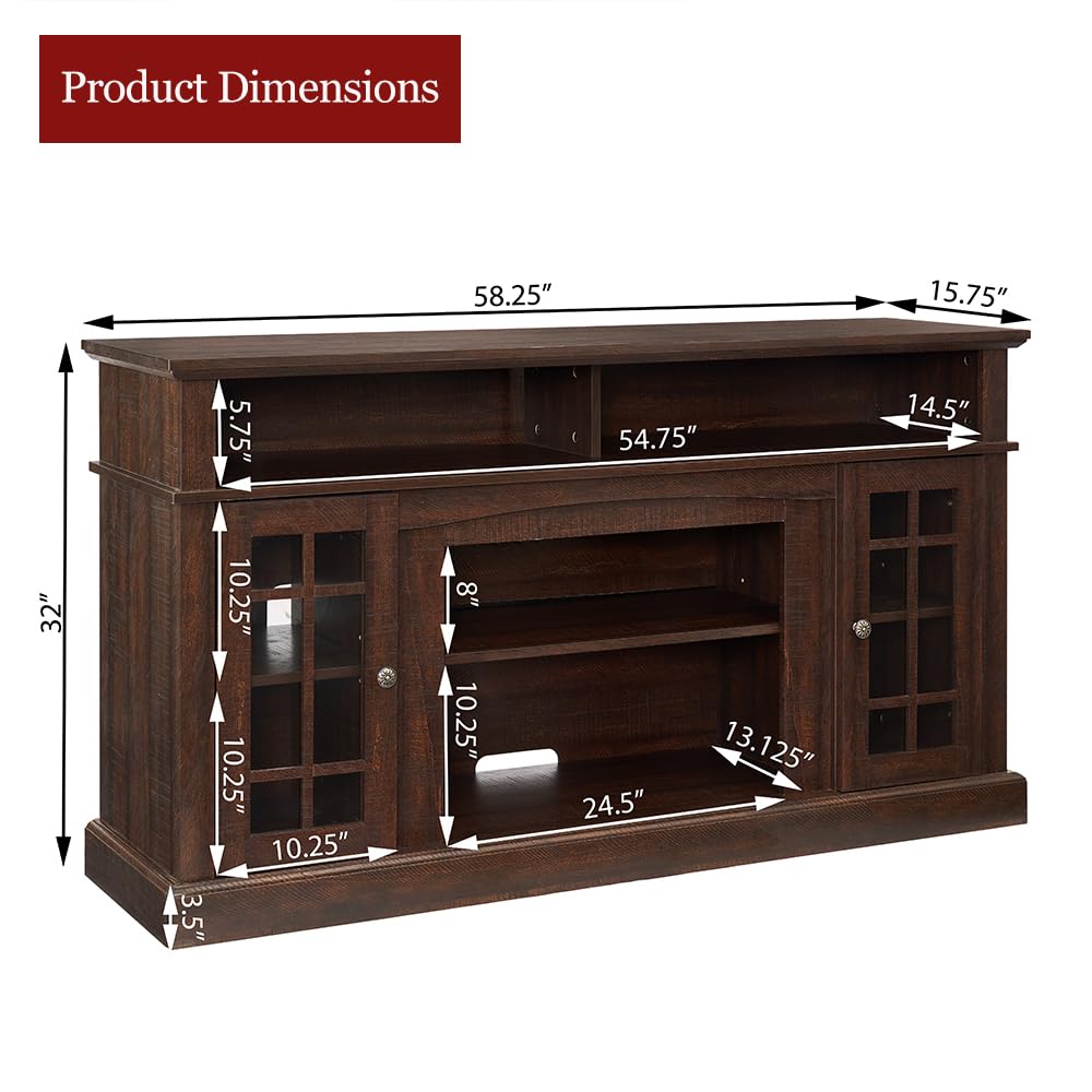Traditional 58'' TV Console, Entertainment Center Table with Open Shelves and Farmhouse Glass Door Media TV Cabinet