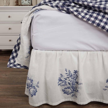 Lydia Blue King Size Bed Skirt 80" L x 78" W, 16" Drop, Split Corners, Vintage Farmhouse, Floral Dust Ruffle