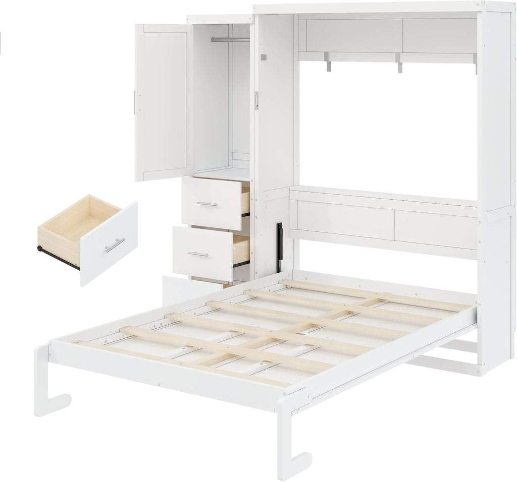 Folding Bed Cabinet Full with Storage, Hidden Murphy Bed with Drawers and Wardrobe, White