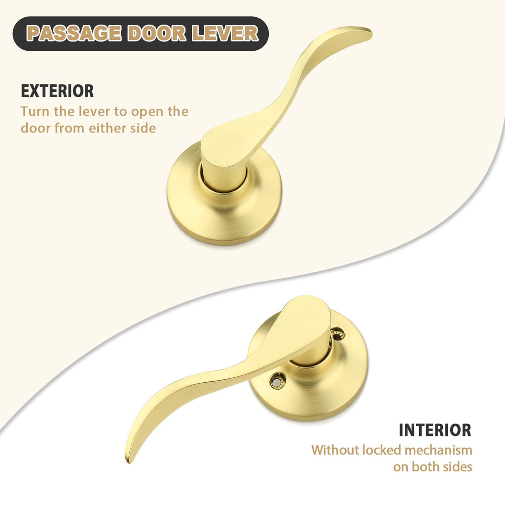 Gold Door Handles Interior Wave Passage Door levers Brushed Gold Interior Door Handles for Hall Closet Reversilble