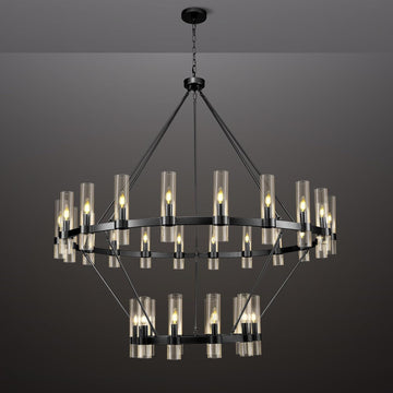 Inspired Ravelle Style 2 Tier Black Wagon Wheel Chandelier, 60 Inch Farmhouse Chandelier with Glass Tube, 30-Light Large Round Chandeliers for Dining Room, Living Room, Bedroom and Entryway