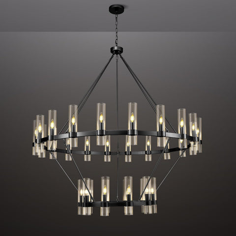 2 Tier Black Wagon Wheel Chandelier, 60 Inch Farmhouse Chandelier with Glass Tube, 30-Light Large Round Chandeliers for Dining Room, Living Room, Bedroom and Entryway A115-B0F29N96NH