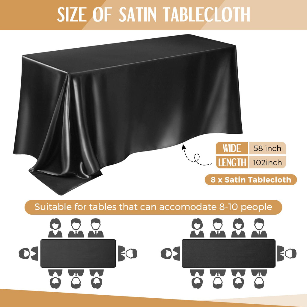 8 Pack Wedding Satin Tablecloth 102 x 58 in Rectangle, Black