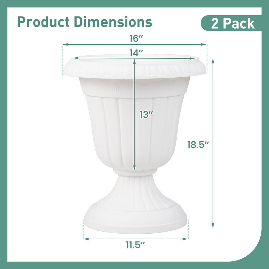 18" Tall Vintage Planters Set of 4, Urn Plastic Flower Pots with/Pedestal Base & Pre-Marked Drain Hole, Indoor