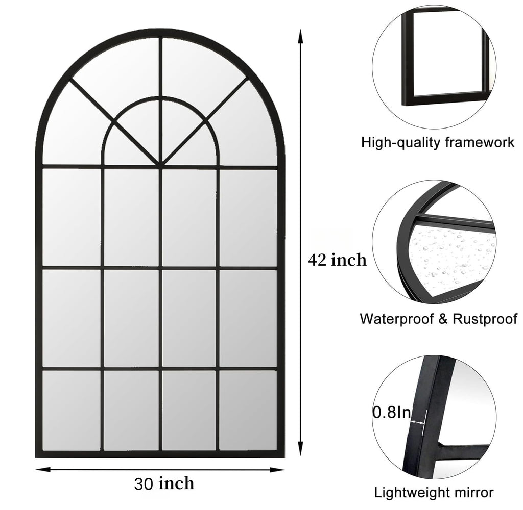 Arched Wall Mirror, 42"x30" Metal Frame Windowpane Mirror, Black