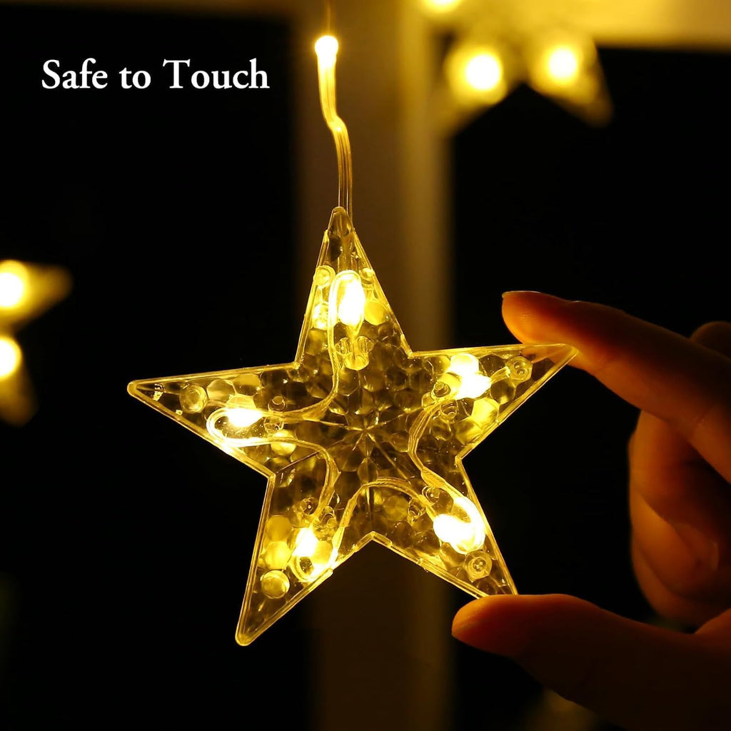 Star Christmas Window Lights, 76 LEDs 9 Stars Curtain Lights Battery Operated with Timer, 8 Mode Xmas Hanging Window