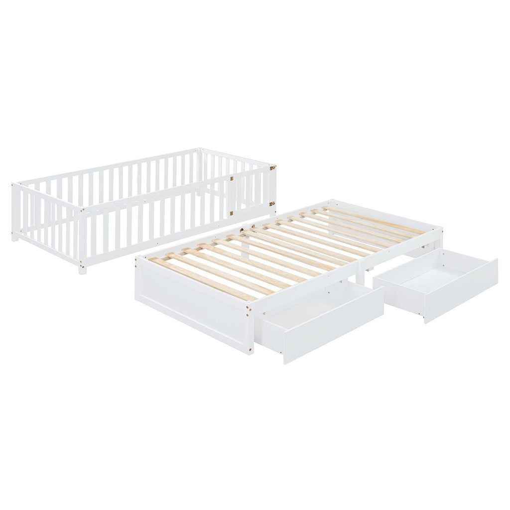 Solid Wood Twin Size Daybed with Storage Drawers and Safety Guardrail, White