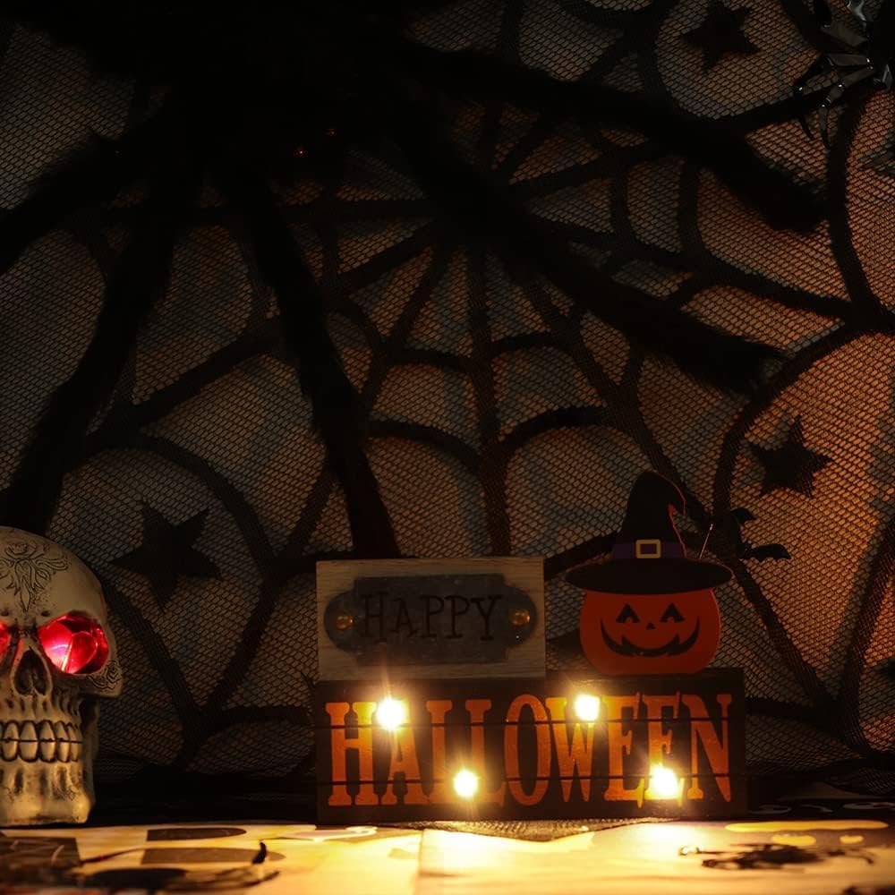 Halloween Decorations Indoor, 2-Layered Wood Block with LEDs & Pumpkin Face, Happy Halloween Sign Decorations