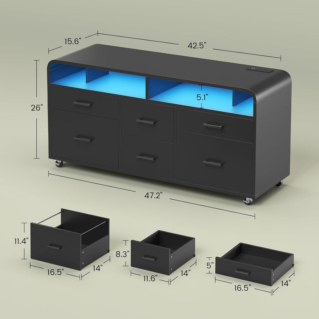 6 Drawers File Cabinet with Power Strip fits Legal/Letter/A4 Size | 47" Wood Mobile Lateral Filing Cabinet , Printer