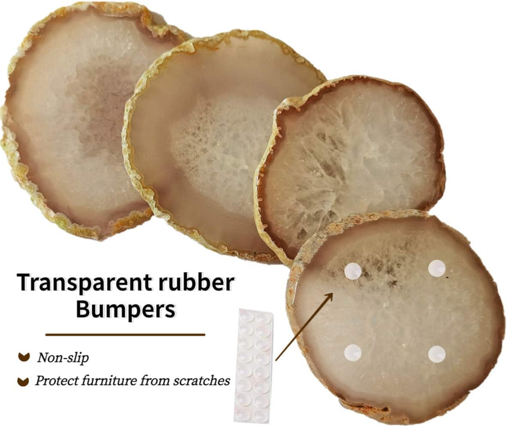 Agate Coasters Geode Agate Sliced Cup Mat 3-4'' Natural Color Polished Coasters with Rubber Bumper for Drinks - Set of 4