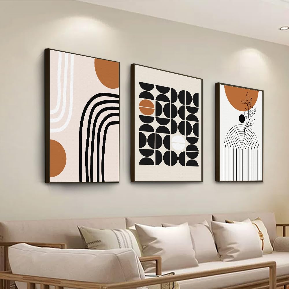 3Pcs Black Brown Boho Abstract Geometric Line Framed Canvas Wall Art