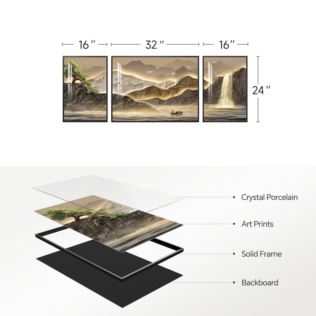 Large Framed Modern Gold Luxury Mountain Wall Art, 3 Piece