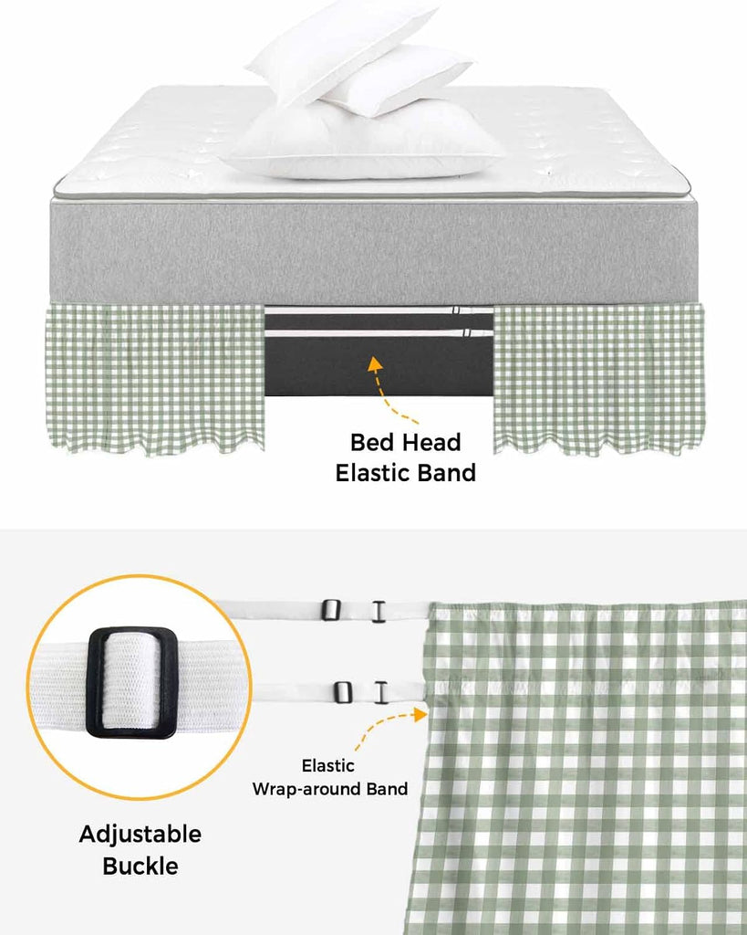 Sage Green Buffalo Plaid Bed Skirt King Size 18 Inch Drop, Adjustable Elastic Bedskirt Dust Ruffle for King Size Bed