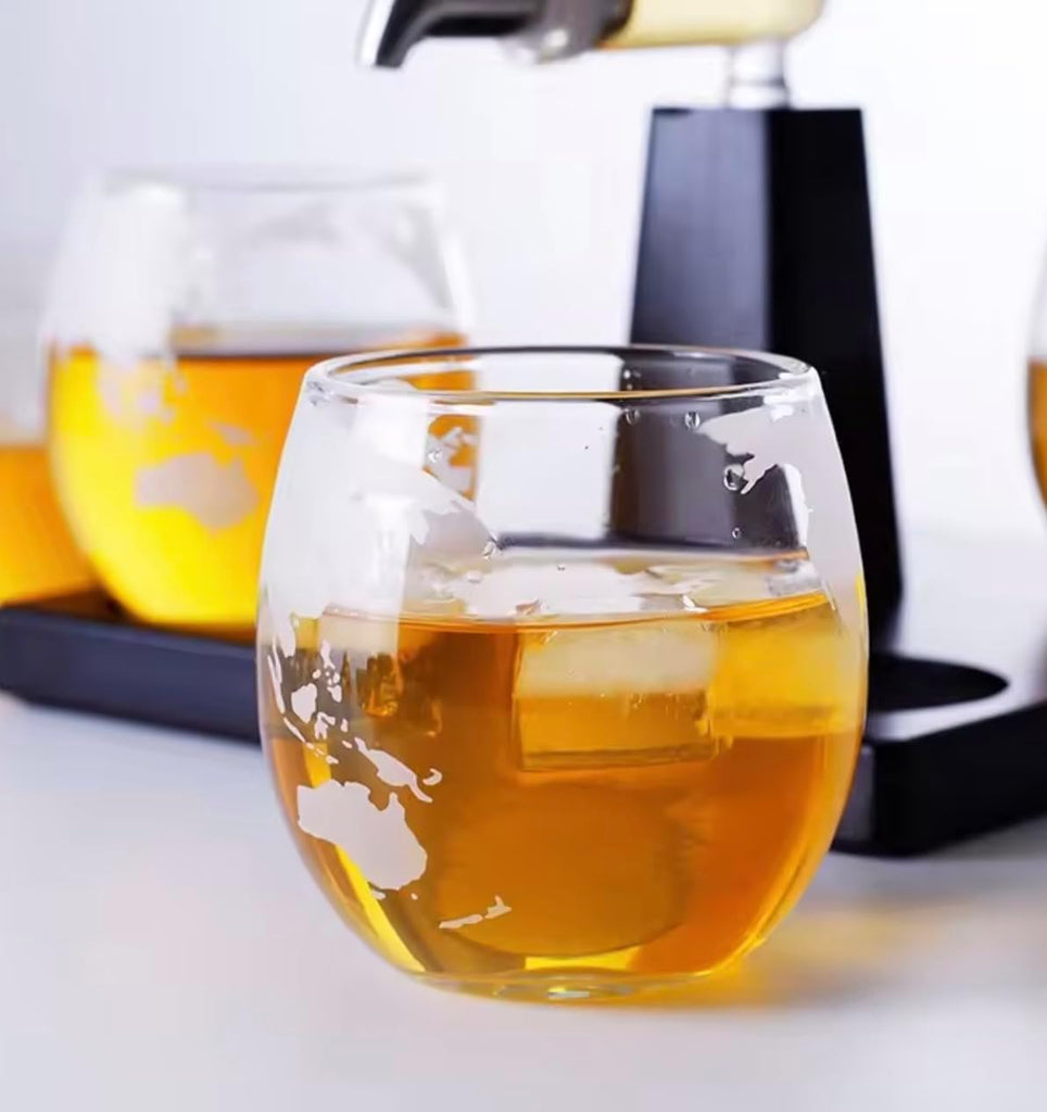 Whiskey Decanter Set with Dispenser & 4 World Map Glasses - Crystal Globe Liquor Decanter for Scotch, Bourbon - Set of 5