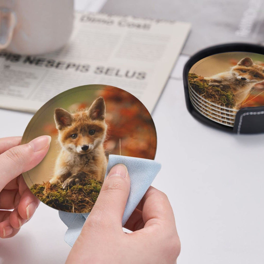 6 Pcs Fox Leather Coasters for Drinks with Holder Coaster Sets Drink Table Cup Coasters Kitchen Coffee Decor
