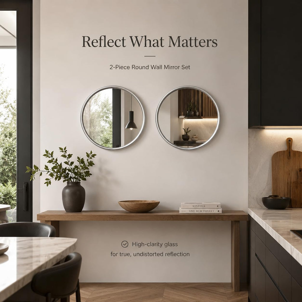 12 Inch Round Glass Mirror Set of 2, Silver Metal Framed Decorative Mirror for Wall, Non-Distortion Small Rounded