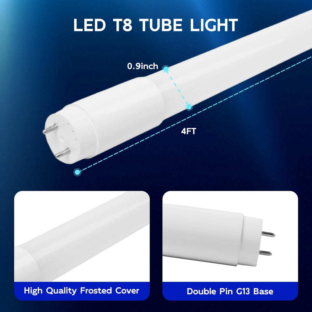 20 Pack 4FT LED T8 Hybrid Type A+B Light Tube, 5000K, 18W, 2300LM
